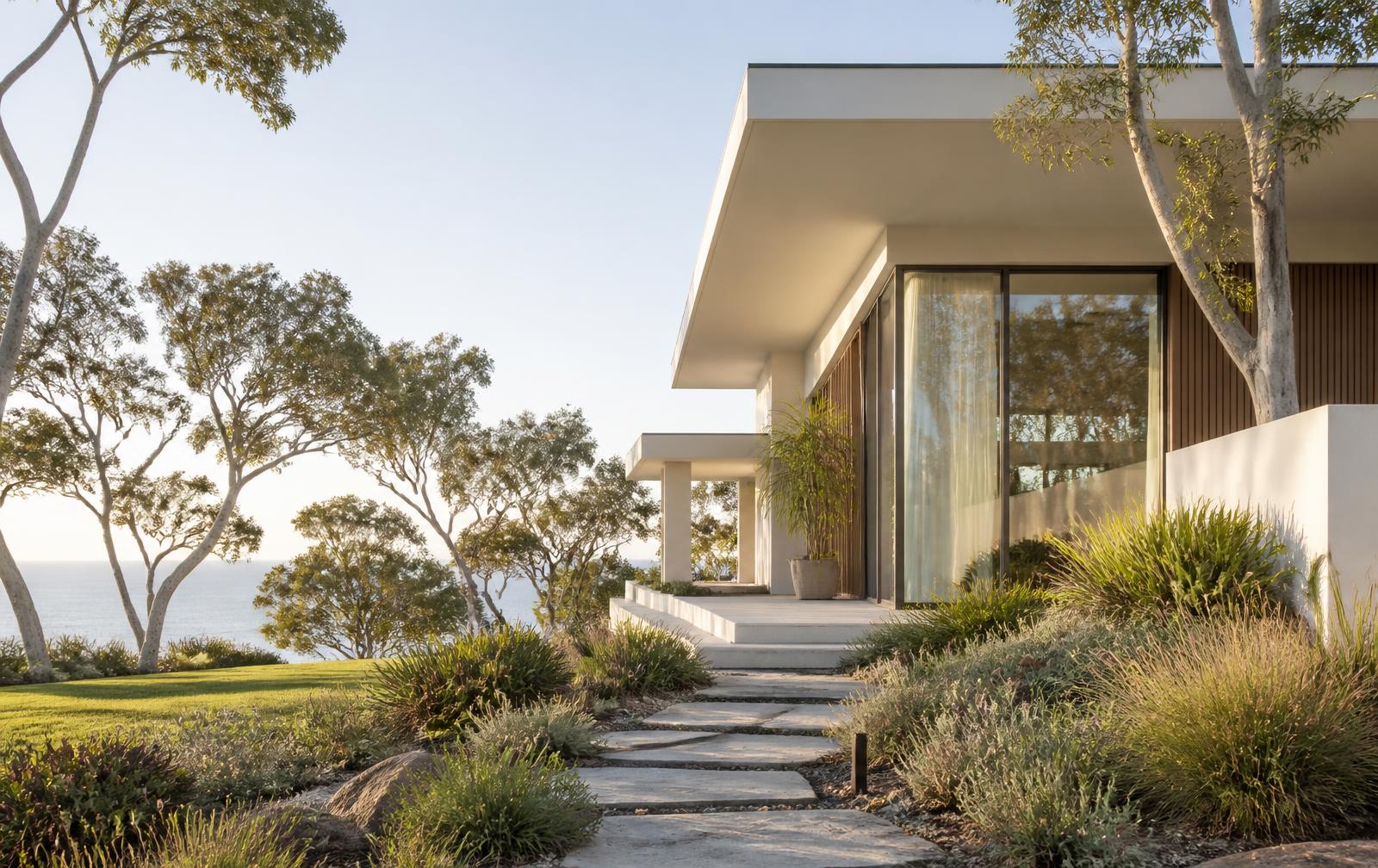 Contemporary Australian coastal home surrounded by native landscaping